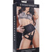 Product packaging featuring a Sportsheets Corset High Waisted Adjustable Strap On Harness with adjustable straps.
