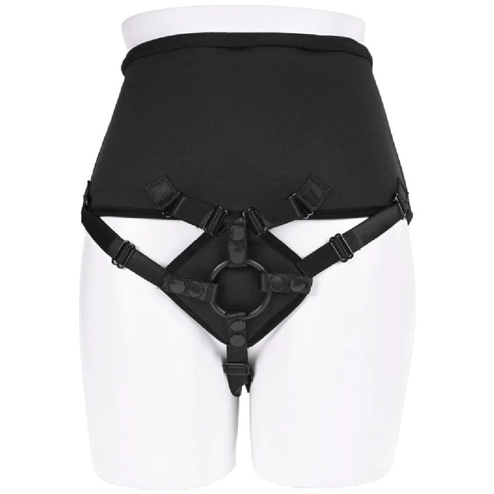 A black Sportsheets Corset High Waisted Adjustable Strap On Harness displayed on a white mannequin torso with adjustable straps.