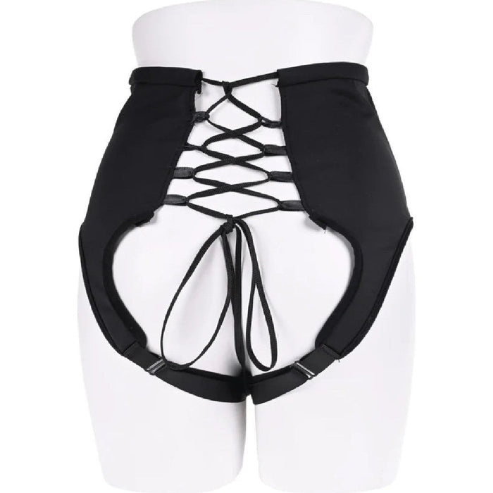 A Sportsheets mannequin torso displaying a unique and revealing design of a Corset High Waisted Adjustable Strap On Harness, with crisscross lacing detail.