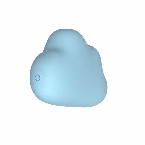 The Cuddle Cloud External Palm Sized Vibrator is a small, smooth, light blue device featuring a power button symbol on one side, set against a white background.