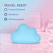 The Cuddle Cloud External Palm Sized Vibrator, a blue, cloud-shaped silicone toy, rests on a wooden surface with towels behind it. Feature text—"TRAVEL-READY," "Compact & Discreet," "Splashproof," and "USB Rechargeable"—appears on a pink-blue background.