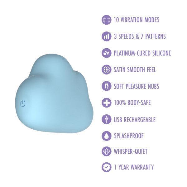 The Cuddle Cloud External Palm Sized Vibrator, in light blue silicone and a cloud shape, is shown beside its features: 10 vibration modes, 3 speeds, platinum-cured silicone, USB rechargeable, splashproof design, and a 1-year warranty.