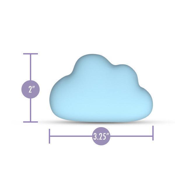 The Cuddle Cloud External Palm Sized Vibrator, in light blue, measures 2 inches tall by 3.25 inches wide and is displayed against a white background.