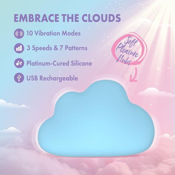 A pastel graphic with a blue cloud and sunrise sky showcases the Cuddle Cloud External Palm Sized Vibrator: 10 vibration modes, 3 speeds & 7 patterns, platinum-cured silicone, USB rechargeable, and “Soft Pleasant Vibes” in a pink bubble.