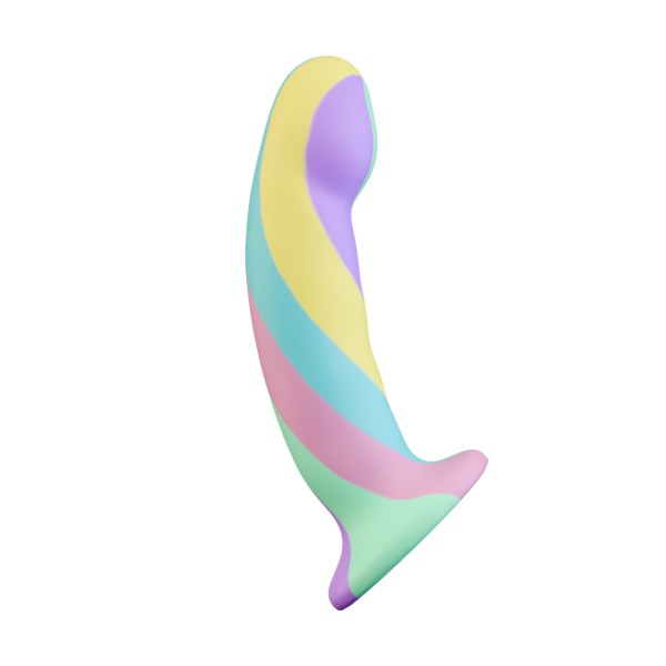 The Daydream Smooth Slim Silicone Dildo with Suction Cup features a pastel-striped, ergonomic design in yellow, purple, blue, pink, and green. Made from body-safe silicone with a flared base—ideal for internal stimulation against a white background.