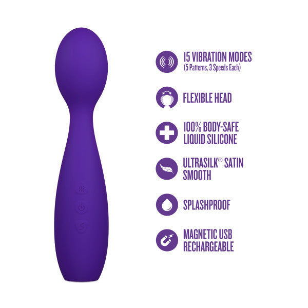 The Velvet High Versatile Internal or External Vibrator with Flexible Neck, shown in purple, offers 15 vibration modes, ultrasilk satin smooth body-safe silicone, a splashproof design, magnetic USB rechargeability, and is perfect for clitoral stimulation.