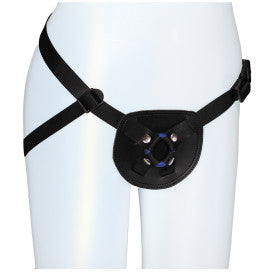 The For You Adjustable Faux Leather Beginner's Harness, shown on a mannequin with a circular center piece worn around the hips and upper thighs, is ideal for beginners.