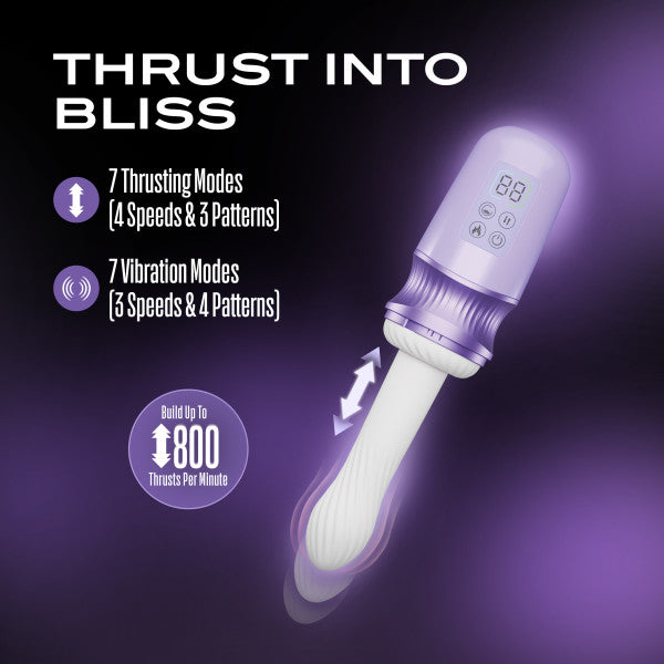 The Violet Vixen Warming Thrusting Vibrator with Suction Mount features a purple and white design, digital display, 7 thrusting and vibration modes, up to 800 thrusts per minute, and promises to "Thrust into Bliss" on a sleek purple background.
