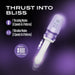 The Violet Vixen Warming Thrusting Vibrator with Suction Mount features a purple and white design, digital display, 7 thrusting and vibration modes, up to 800 thrusts per minute, and promises to "Thrust into Bliss" on a sleek purple background.