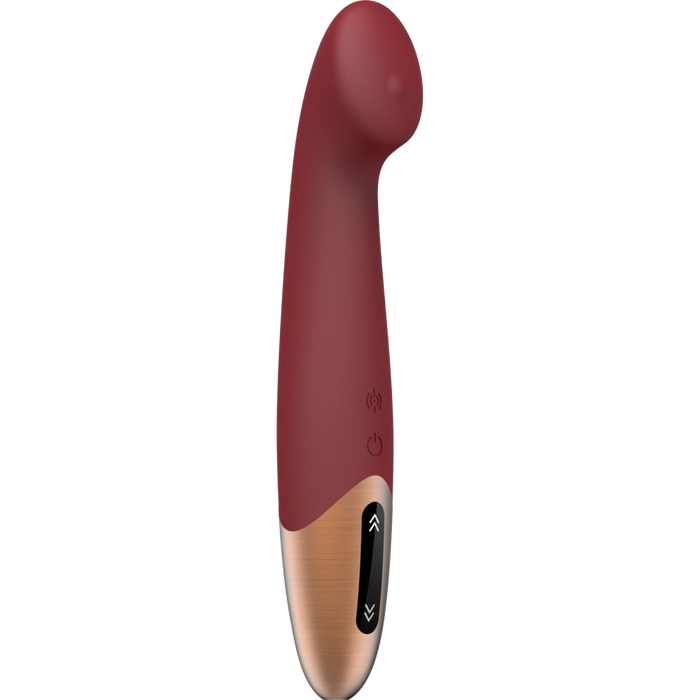 The Tethys Touch Panel G-Spot Vibrator features a maroon and rose gold design, a curved shape with a rounded tip, and black control buttons on the handle for ergonomic use.