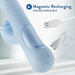 Close-up of a light blue Devin Clit Thumping G-Spot Rabbit with Shaft Rotation by Blush, accompanied by a USB magnetic recharging cable. The words "Magnetic Recharging USB Rechargeable" appear in the upper right corner next to an image of the charging cable. This dual stimulation device has buttons, CE marking engraved, and offers clitoral stimulation and G-spot vibrations.