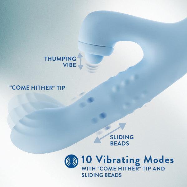A close-up view of the Devin Clit Thumping G-Spot Rabbit with Shaft Rotation by Blush, highlighting its features: a "come hither" tip, sliding beads, and thumping vibration mode. Text at the bottom reads "10 Vibrating Modes with 'Come Hither' Tip and Sliding Beads for Dual Stimulation.