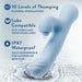 The Devin Clit Thumping G-Spot Rabbit with Shaft Rotation by Blush is a blue waterproof clitoral massager featuring 10 levels of dual stimulation. It is compatible with hybrid and water-based lubricants. With an IPX7 waterproof rating, the product image showcases its fully submersible capability, making it perfect for use in showers or baths.