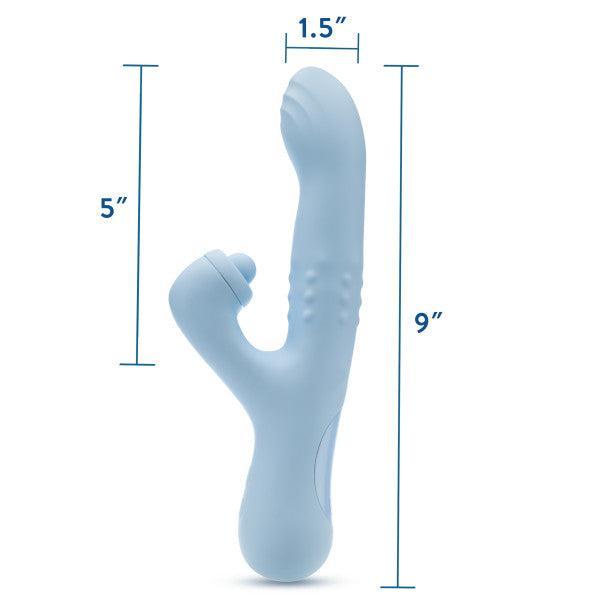 An image of the Blush Devin Clit Thumping G-Spot Rabbit with Shaft Rotation, a light blue dual-stimulation vibrator measuring 9 inches in total length. The shaft is 5 inches long with a curved tip for optimal G-spot stimulation and has a diameter of 1.5 inches. It also features a smaller, curved arm designed for simultaneous external clitoral massaging.