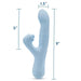 An image of the Blush Devin Clit Thumping G-Spot Rabbit with Shaft Rotation, a light blue dual-stimulation vibrator measuring 9 inches in total length. The shaft is 5 inches long with a curved tip for optimal G-spot stimulation and has a diameter of 1.5 inches. It also features a smaller, curved arm designed for simultaneous external clitoral massaging.
