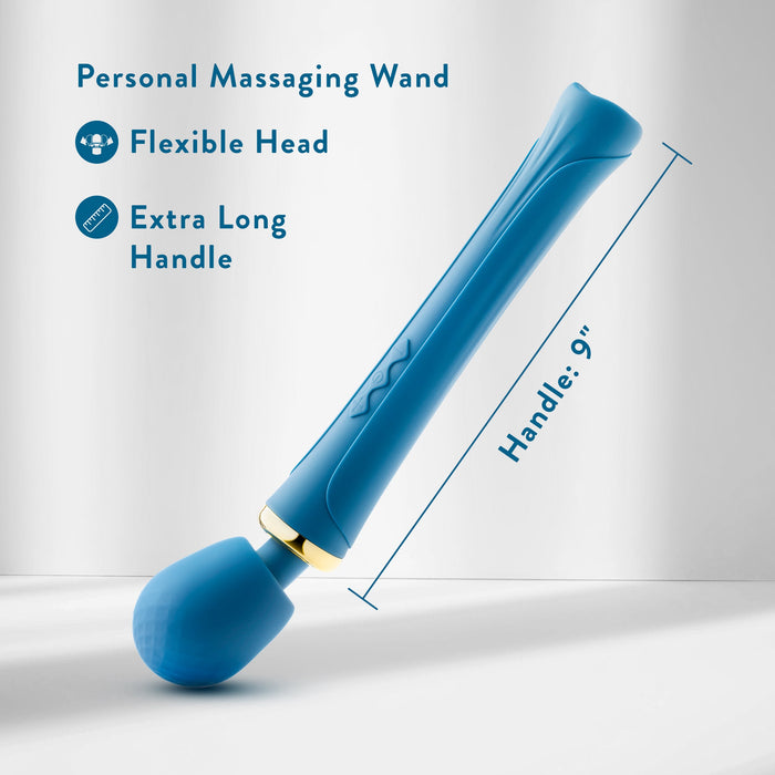 Introducing the Dianna Rechargeable Rumbly Waterproof Wand Vibrator by Blush - a luxurious, blue personal massaging wand featuring a flexible head and an extra-long, 9-inch handle. This ergonomic beauty offers 20 vibrating patterns in a sleek design. The white background with a soft shadow accentuates its waterproof elegance, making it perfect for any relaxation routine.