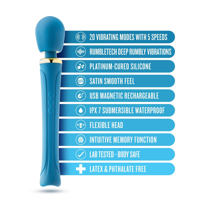 The Dianna Rechargeable Rumbly Waterproof Wand Vibrator by Blush is a luxurious blue handheld massage wand featuring 20 vibrating patterns, RumbleTech vibrations, platinum-cured silicone construction, USB magnetic charging, a waterproof design, a flexible head, an intuitive memory function, lab-tested quality and materials that are free of latex and phthalates.