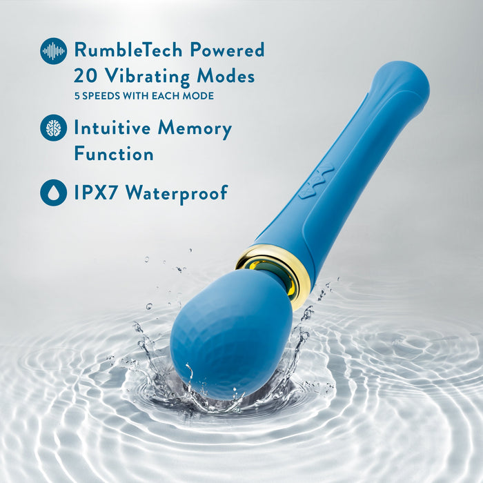 An image of the Dianna Rechargeable Rumbly Waterproof Wand Vibrator by Blush, featuring text that highlights "RumbleTech Powered," "20 Vibrating Patterns," "5 speeds with each mode," "Intuitive Memory Function," and "IPX7 Waterproof." The luxurious blue wand is shown with water droplets around it.