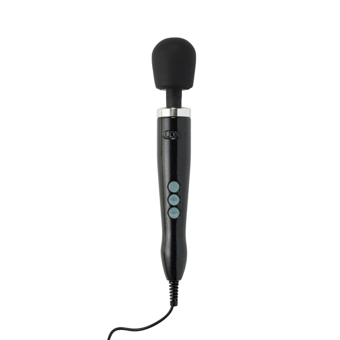 The Doxy Die Cast Extra Powerful Wand Vibrator - Black is a sleek handheld massager with a rounded head and an attached cord. The handle features three blue buttons, delivering deep, rumbly vibrations. This luxurious vibrator from Doxy boasts a modern design that blends style and functionality seamlessly.