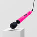 A Hot Pink Doxy Die Cast Extra Powerful Wand Vibrator with a black, rounded head and three black buttons is positioned on a white pedestal against a light gray background. Known for its deep rumbly vibrations, this powerful wand massager by Doxy also features a power cord attached.