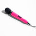 A Doxy Die Cast Extra Powerful Wand Vibrator - Hot Pink with a black, rounded head lies on a white surface. This Doxy device features a long handle with three black buttons and a cord attached at the bottom end, delivering deep rumbly vibrations for an intensely powerful wand massager experience.
