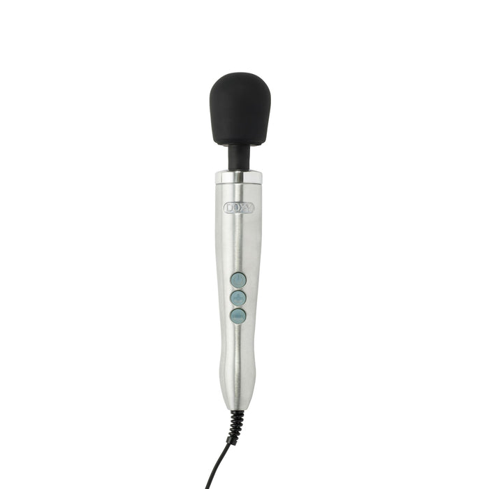 The Doxy Die Cast Extra Powerful Wand Vibrator - Silver by Doxy is a sleek, silver handheld massager featuring a black rounded head and three blue control buttons on its handle. It is designed for relieving muscle tension with deep, rumbly vibrations and can be plugged in using the cord extending from the bottom.