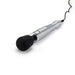 A Doxy Die Cast Extra Powerful Wand Vibrator - Silver, featuring a large, rounded, black head and buttons on the handle, lies against a white background. The luxurious Doxy wand vibrator delivers deep rumbly vibrations and is connected to a power cord.