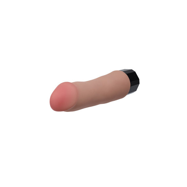 The Dr. Avery 7.5 Inch Vibrating Silicone Dildo, featuring a flesh-toned design with a pink tip and black base, is displayed on a white background.