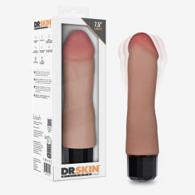 The Dr. Avery 7.5 Inch Vibrating Silicone Dildo, shown next to its “DR SKIN” packaging, features a flesh-tone finish and pronounced head for lifelike pleasure and comes ready for discreet fun.