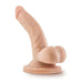 The Dr. Skin 4 Inch Mini Cock Dildo with Balls in light flesh color features a curved, veined shaft and testicles, standing upright on a round suction cup base—an ideal beginner dildo for those seeking lifelike detail.
