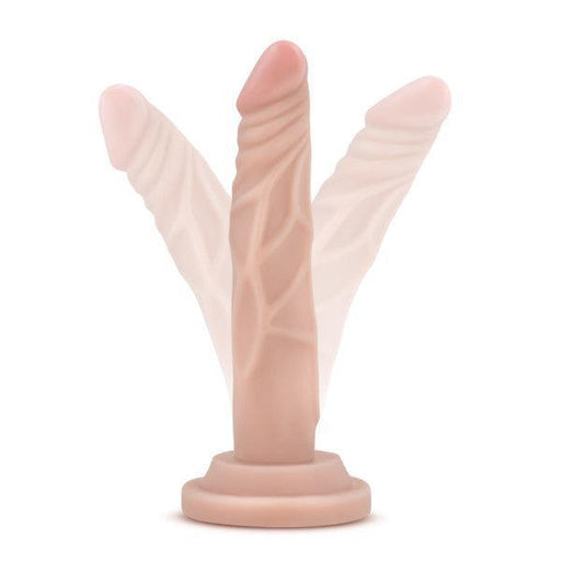 The Dr. Skin 5 Inch Mini Dildo - Vanilla is a beginner-friendly beige toy with ridges, veins, and a smooth tip. It appears in three bending positions, showcasing its flexibility and easy handling due to its mini size and flat base for stability.
