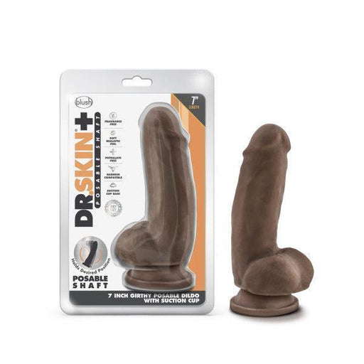 The Dr. Skin Girthy Short Thick Dildo - Chocolate, a brown dildo with a suction cup base and realistic texture, is shown beside its packaging displaying the product name.