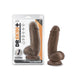 The Dr. Skin Girthy Short Thick Dildo - Chocolate, a brown dildo with a suction cup base and realistic texture, is shown beside its packaging displaying the product name.