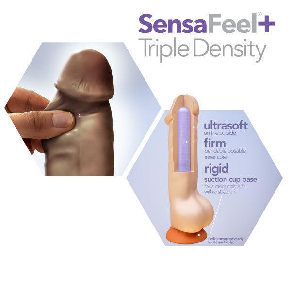 An image displays the Dr. Skin Girthy Short Thick Dildo - Chocolate. One section shows a hand pressing its soft, realistic exterior; another cross-section highlights an ultrasoft layer, firm bendable core, and sturdy suction cup base.