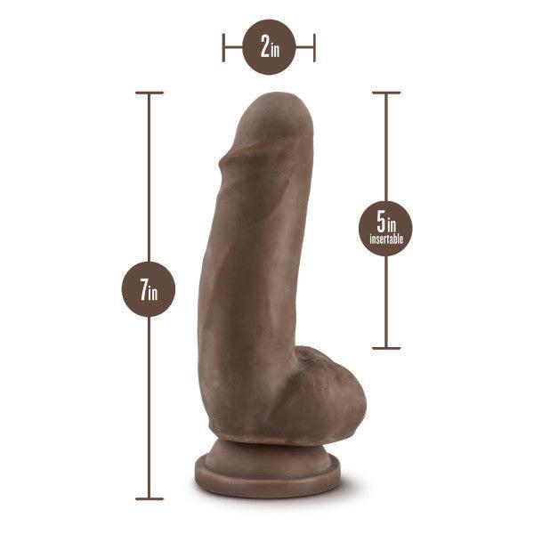 The Dr. Skin Girthy Short Thick Dildo - Chocolate offers a lifelike texture, 7" total length, 5" insertable, and 2" diameter. Its strong suction cup base allows for secure hands-free play.