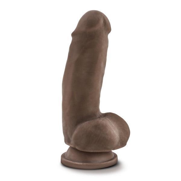 The Dr. Skin Girthy Short Thick Dildo - Chocolate is a realistic, dark brown silicone toy with a thick shaft, lifelike contours, and a sturdy suction cup base for hands-free use.