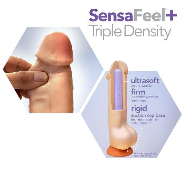 The Dr. Skin Girthy Short Thick Dildo - Vanilla is shown with a finger pressing its ultrasoft outer layer. A cross-section displays SensaFeel+ Triple Density: ultrasoft outside, firm core, and rigid suction base for realism.