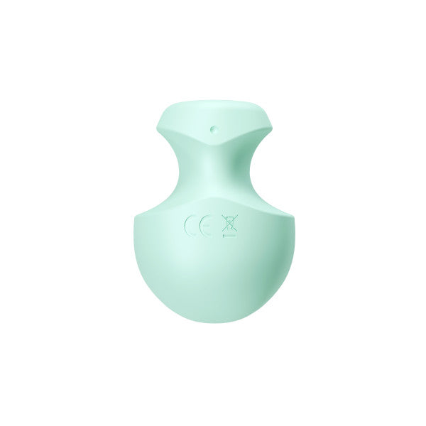 The Dream Crush Waterproof Ergonomic Finger Vibrator, in pale mint green body-safe silicone, features a rounded, smooth, sculpted shape with an indented top and is marked with CE and disposal symbols, shown on a plain white background.