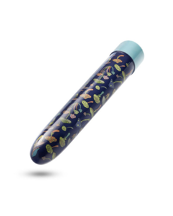 The Dreamscape Powerful Extra Long Rechargeable Vibrator by Blush features a sleek, vibrantly colored bullet-shaped design adorned with various multicolored leaves and berries against a dark blue background. Its solid light blue top cap adds a pop of color. This waterproof vibrator is USB rechargeable and is displayed diagonally against a white background.