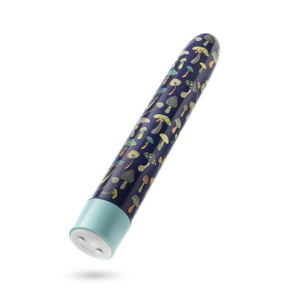 The Blush Dreamscape Powerful Extra Long Rechargeable Vibrator, featuring a cylindrical design with a dark blue body adorned with vibrant mushroom illustrations and a light blue base, is shown on a white background.