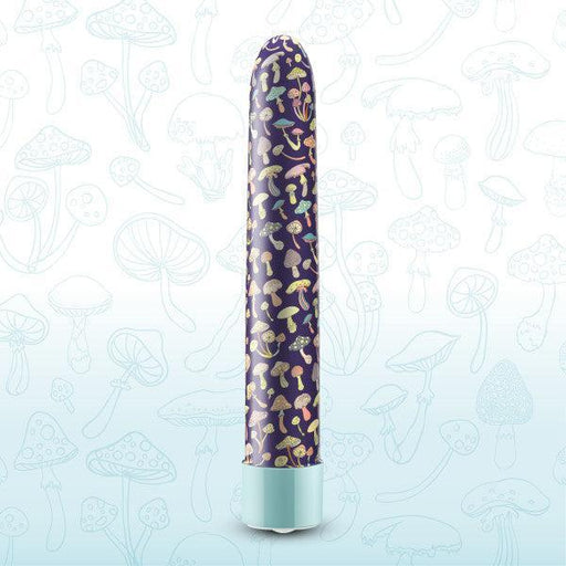 The Limited Addiction Extra Long Power Bullet Vibrator - Dreamscape by Blush features a sleek design with a purple base adorned with colorful mushroom illustrations. This visually appealing and powerful vibrator is set against a background of various outlined mushroom drawings, blending functionality with stunning aesthetics.