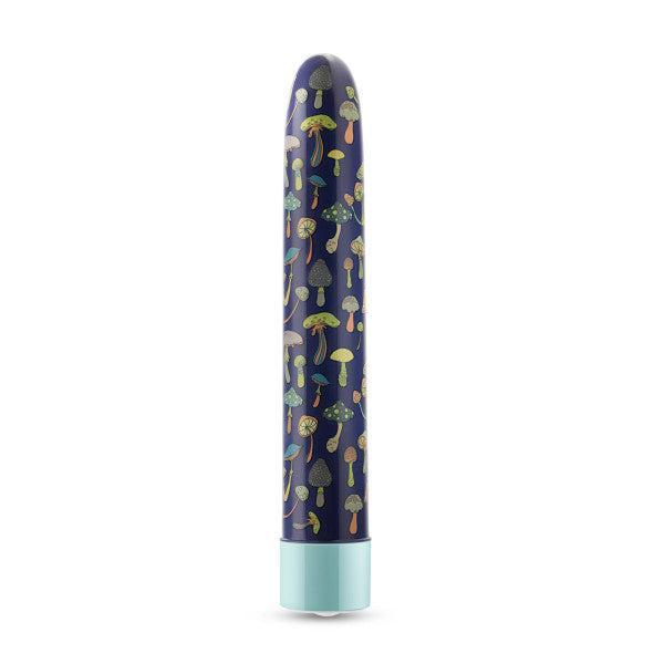The Dreamscape Powerful Extra Long Rechargeable Vibrator by Blush features a cylindrical design with a rounded top and detailed illustrations of various mushrooms adorning its surface. The light blue base contrasts beautifully with the dark background of the main shaft.