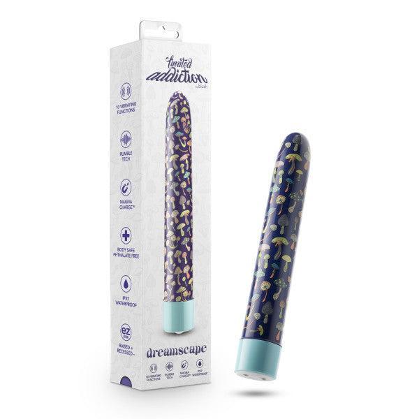 A blue patterned vibrator with a turquoise end stands next to its packaging. The box reads "limited addiction," "10 Vibration Functions," "Bubble Text," "USB Magnetic Charger," "100% Silicone," "Hypoallergenic," and "EZ Grip Handle." This 100% waterproof, USB rechargeable Dreamscape Powerful Extra Long Rechargeable Vibrator by Blush offers maximum pleasure.