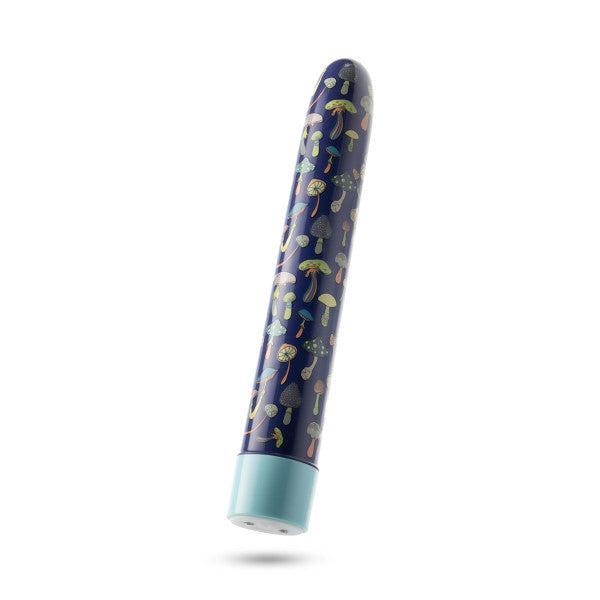 A cylindrical object with a rounded tip and a blue base, featuring a colorful mushroom pattern on a dark blue background. The waterproof Dreamscape Powerful Extra Long Rechargeable Vibrator by Blush has a light blue cap and stands upright against a white background.