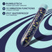 A blue floral pattern vibrator featuring various colors stands against a light blue background, with text on the left side listing its attributes: "RumbleTech powered deep rumbly vibrations, 10 vibration functions (5 speeds, 5 patterns), IPX7 waterproof and fully submersible, USB rechargeable." The product is the Dreamscape Powerful Extra Long Rechargeable Vibrator from Blush.