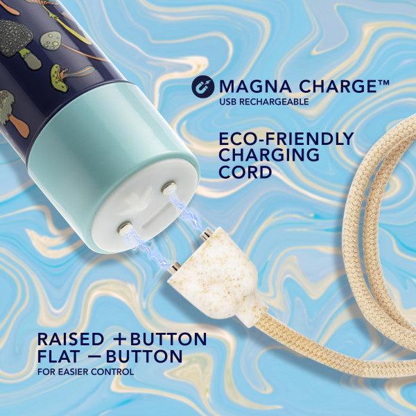 A charging cable connected to a cylindrical device with a blue and mushroom-patterned design. The device, labeled the Blush "Dreamscape Powerful Extra Long Rechargeable Vibrator," is USB rechargeable with an eco-friendly cord. This waterproof gadget features a raised flat button for easier control.