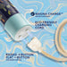A charging cable connected to a cylindrical device with a blue and mushroom-patterned design. The device, labeled the Blush "Dreamscape Powerful Extra Long Rechargeable Vibrator," is USB rechargeable with an eco-friendly cord. This waterproof gadget features a raised flat button for easier control.