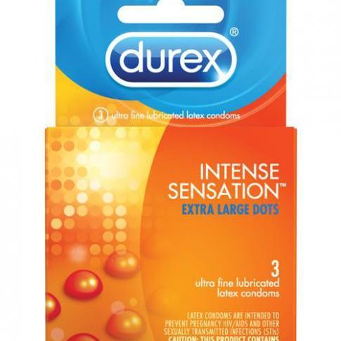 A box of Durex Intense Sensation Extra Large Condoms Dots 3 Pack showcasing an orange and blue design with the Durex logo at the top. The label reads "Intense Sensation Extra Large Dots" for extreme pleasure, featuring 3 ultra-fine lubricated latex studded condoms inside.
