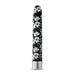 The Eden Black Floral Slim Beginner Bullet Vibrator by Blush features a sleek, black cylindrical design adorned with intricate white floral patterns. Its metallic silver base contrasts beautifully with the elegant floral surface, allowing the classic slimline vibrator to stand upright against a plain white background and offering powerful vibration modes.