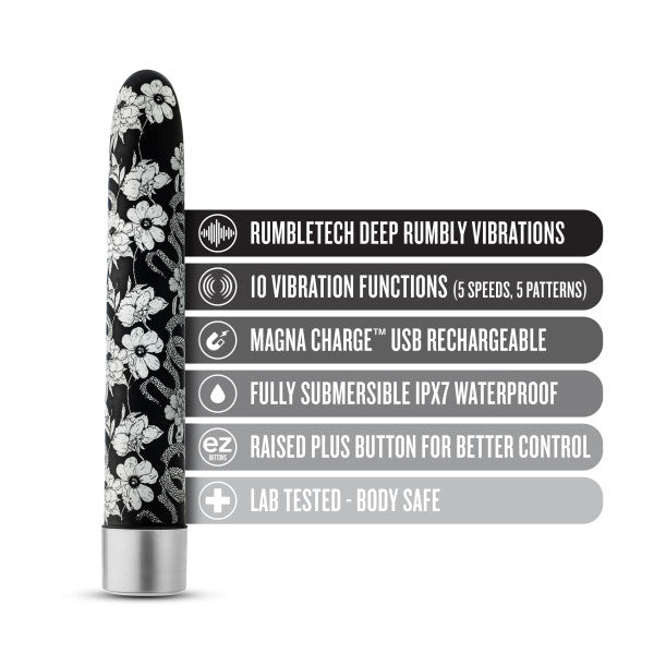 Image of the Eden Black Floral Slim Beginner Bullet Vibrator by Blush, featuring a black and white floral pattern and text listing its attributes: deep rumbly vibrations, 10 powerful vibration modes, Magna Charge USB recharging, fully submersible IPX7 waterproof design, raised button control, and lab-tested body safety.